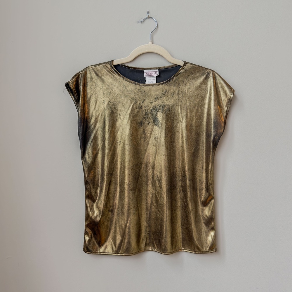 Vintage Lauren Lee Metallic Gold Disco Lame Top Tank Clubbing Dance Euro Size S